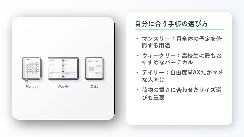 マンスリー、ウィークリー、デイリーの3つのスケジュール手帳レイアウトをシンプルに図式化したアイコンのイラスト。