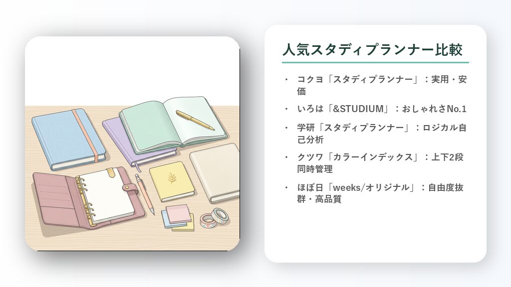机の上にきれいに並べられたコクヨやいろは出版などのカラフルなスタディプランナーとボールペンのイラスト。