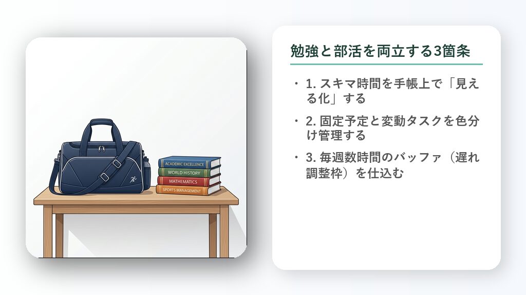 部活用のバッグと、何冊もの教科書、そしてスキマ時間が蛍光ペンでマークされた週間手帳が並ぶデスクのイラスト。