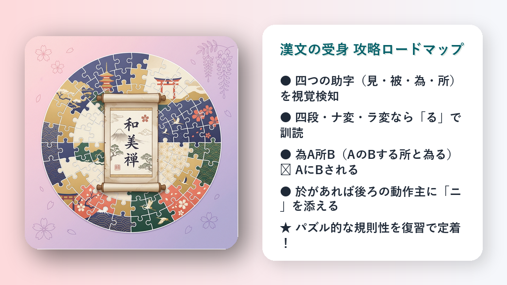 完成したジグソーパズルの中心に巻物が置かれているイラスト。背景は淡い桜色と藤色のグラデーション。