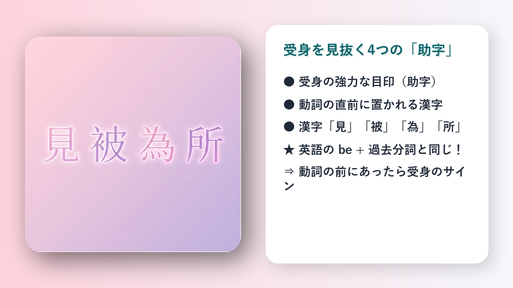 空中に浮かぶ「見」「被」「為」「所」という四つの光る古代の漢字。背景は淡い桜色と藤色のグラデーションのベクター図解。