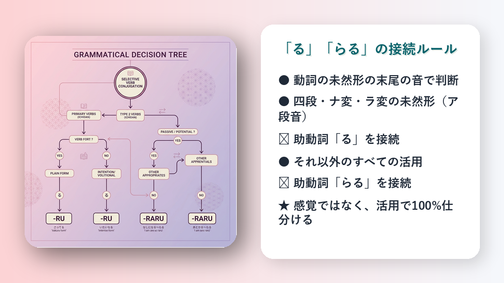 「る」と「らる」の古典文法的な接続ルートを示すシンプルなフローチャートの図解。