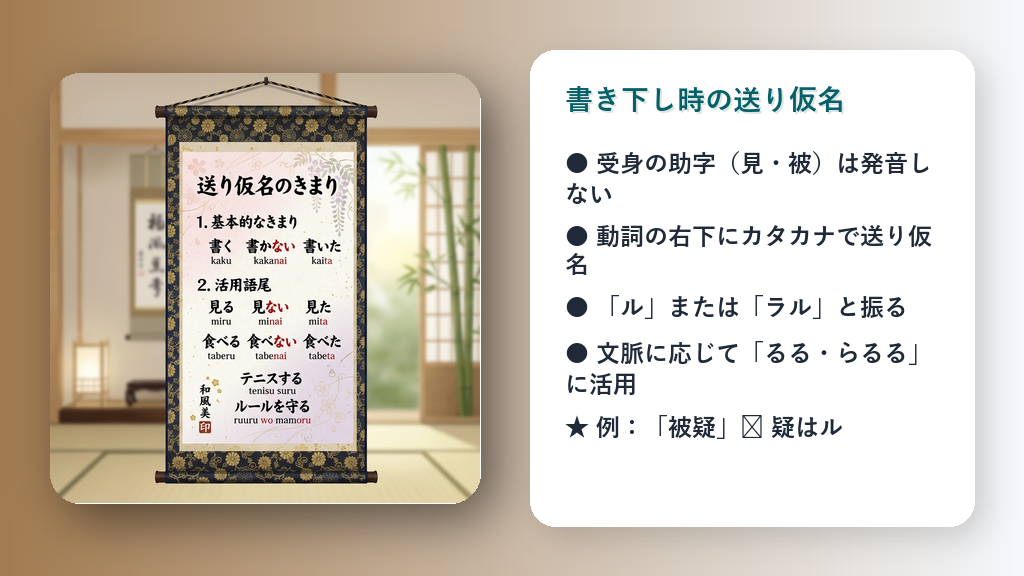 カタカナの送り仮名ルールが描かれた大きな和風の巻物のイラスト。背景は淡い桜色と藤色のグラデーション。