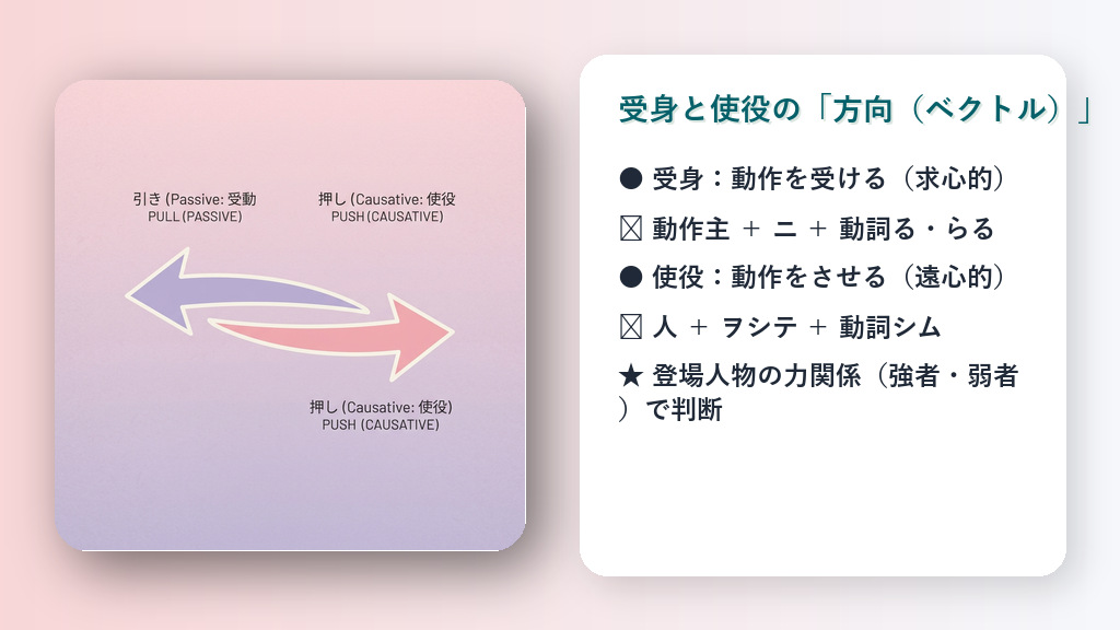 求心力（受身）と遠心力（使役）を表す対比する二つの矢印の抽象的な図解。