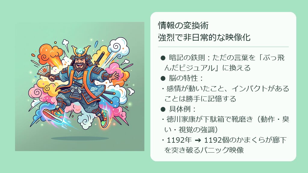 下駄箱の靴を磨いているちょんまげ頭の徳川家康をコミカルかつ強烈なビジュアルとしてデフォルメして描いたイメージイラスト