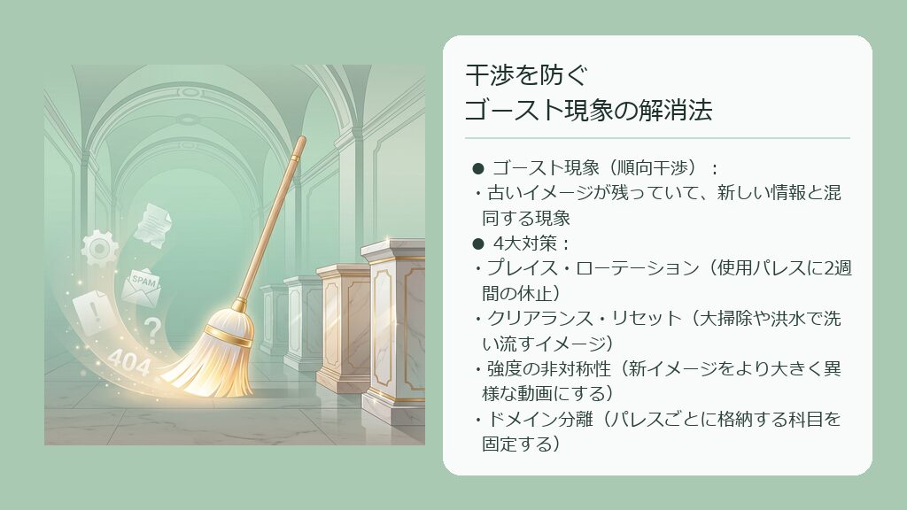 記憶の宮殿の廊下から、半透明の古いアイコンがほうきで綺麗に掃き出されてリセットされる様子を示した概念図