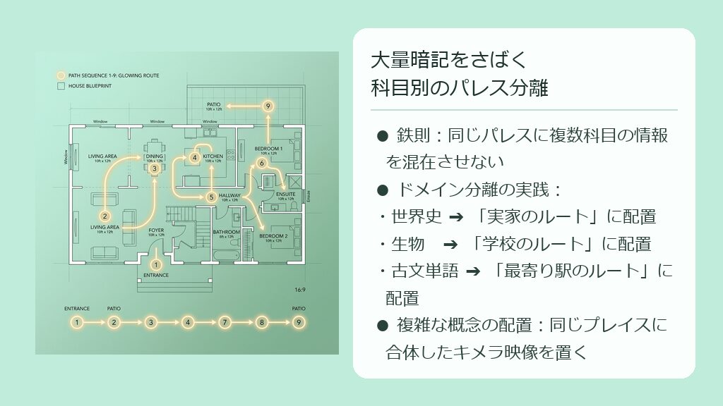 科目ごとに「実家」「学校」「駅前」の別々の記憶の宮殿を完全に分離して脳内で使い分ける様子を示した解説図解