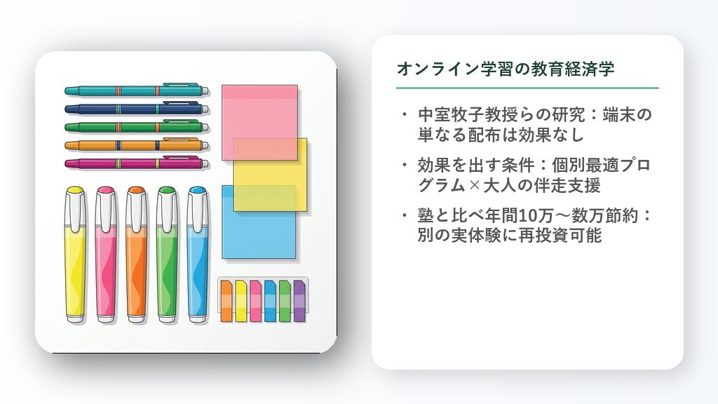 積まれた書籍の上に明るく光る学習画面とアカデミックキャップが乗り、デジタル学習の高い可能性を表現したイラスト。