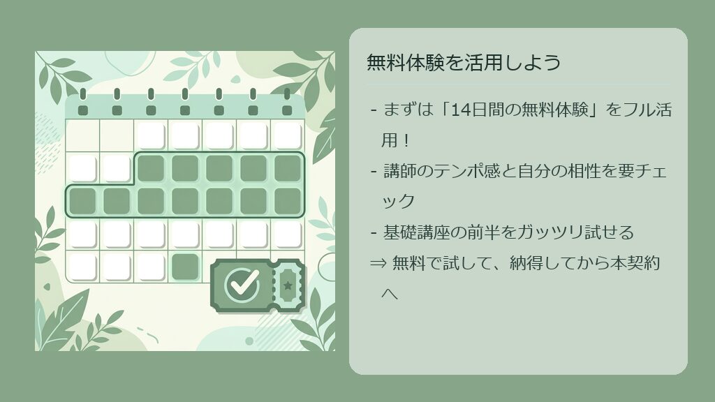 14日間の無料体験の注意点や、自分に合うかどうかをテストするポイントを説明した図解スライド