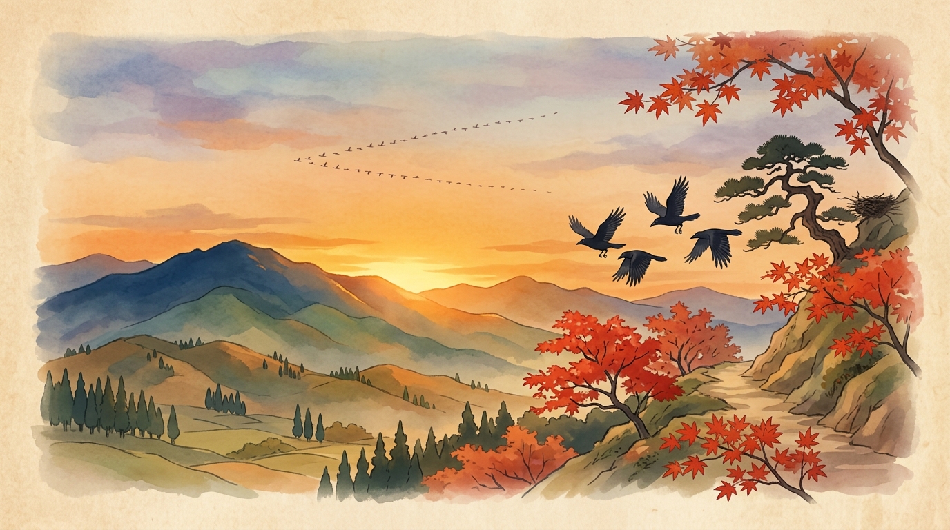 秋は夕暮れの沈む夕日と烏の飛び急ぐ姿および雁のイラスト
