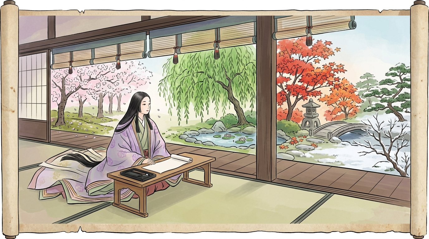清少納言が宮廷から四季の自然を眺めるイラスト