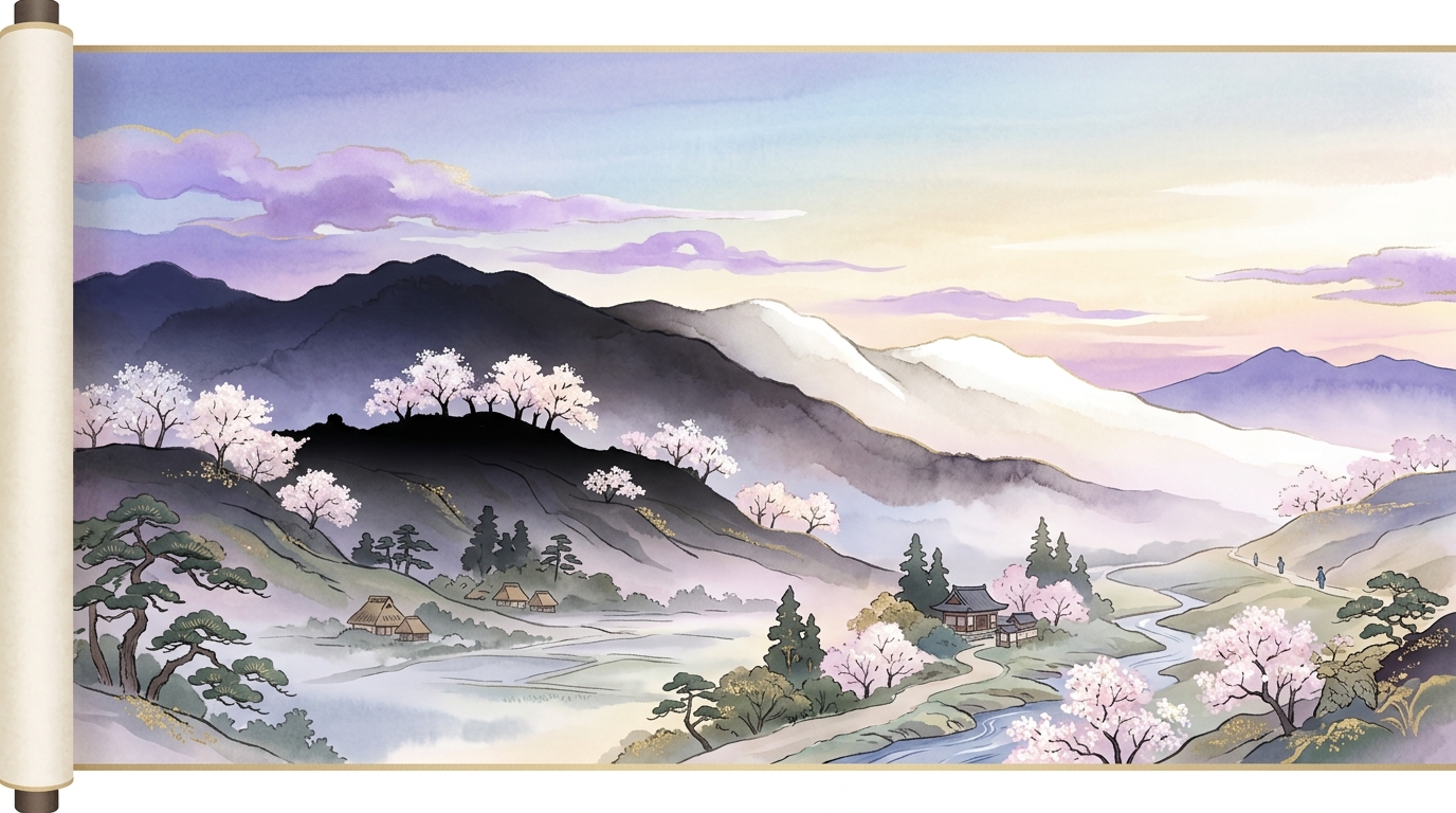 春はあけぼのの白みゆく山ぎはと紫だちたる雲のイラスト