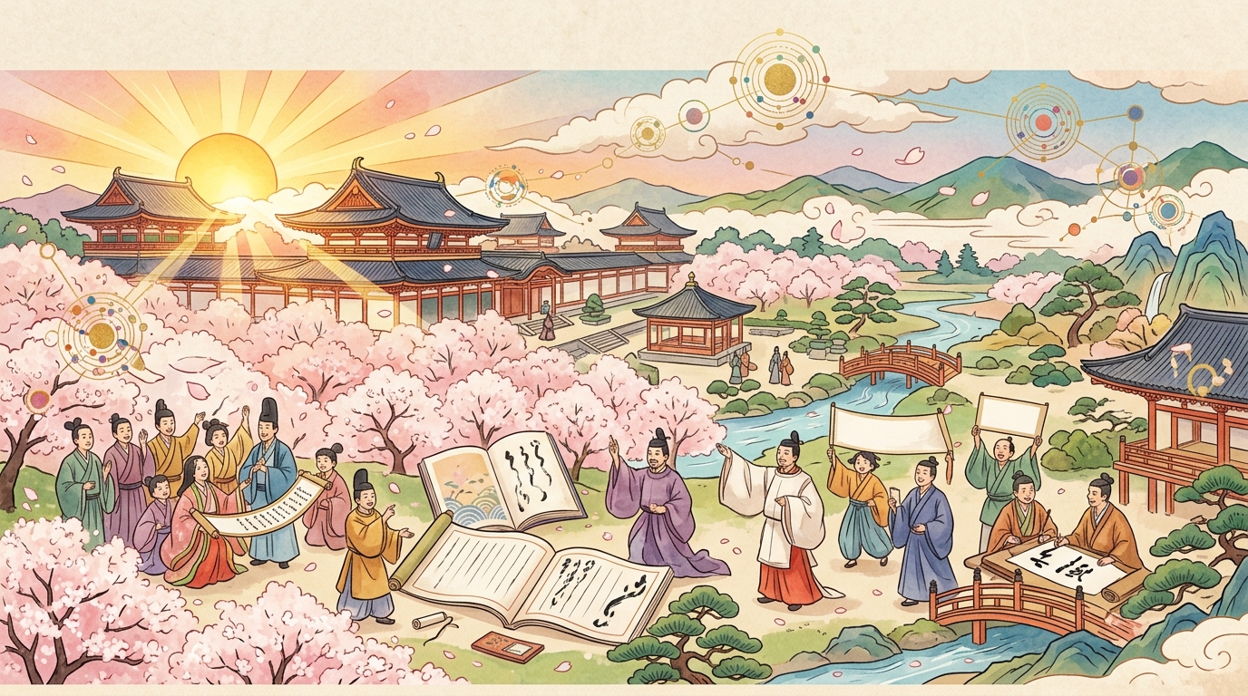 枕草子春はあけぼのの完全攻略と満点達成を祝う壮大なイラスト