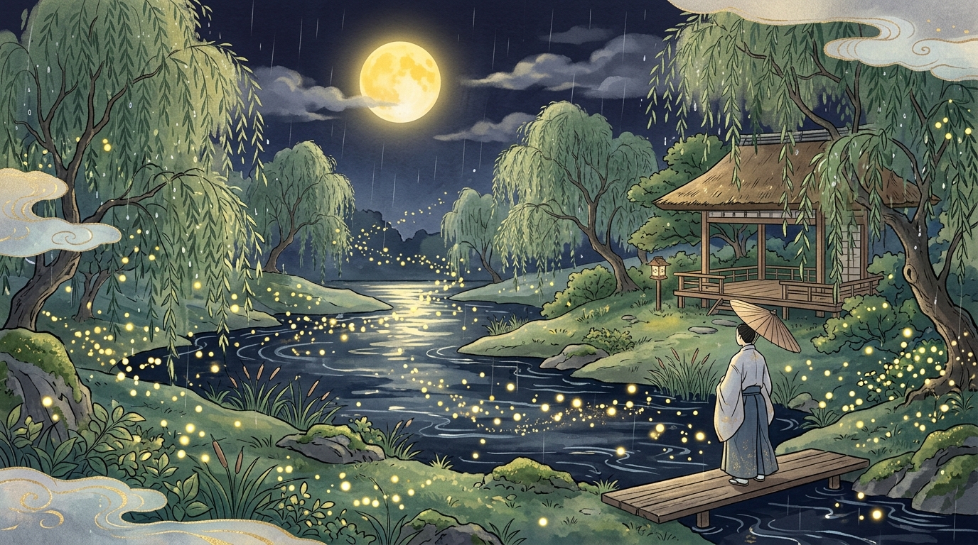 夏は夜の満月と闇夜に飛び交う蛍と雨の情景イラスト