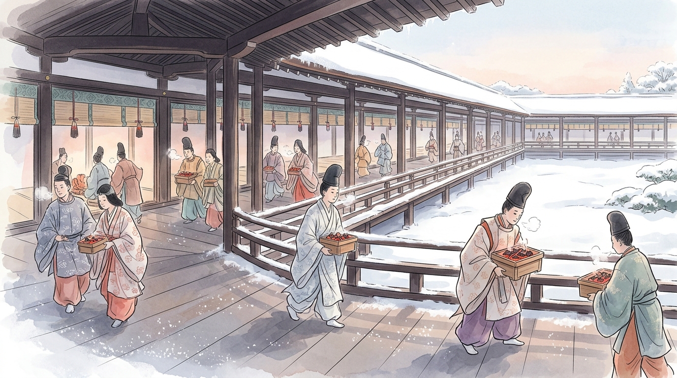 冬はつとめての白霜と雪および炭火を運ぶ女房たちのイラスト