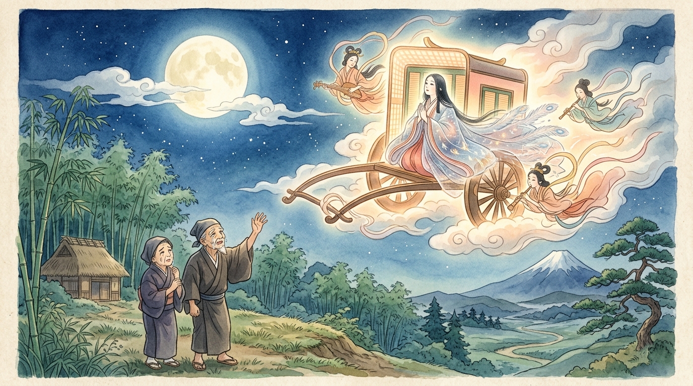 天の羽衣を身にまとい飛ぶ車に乗って月の都へ昇天するかぐや姫と見送る翁・媼のイラスト