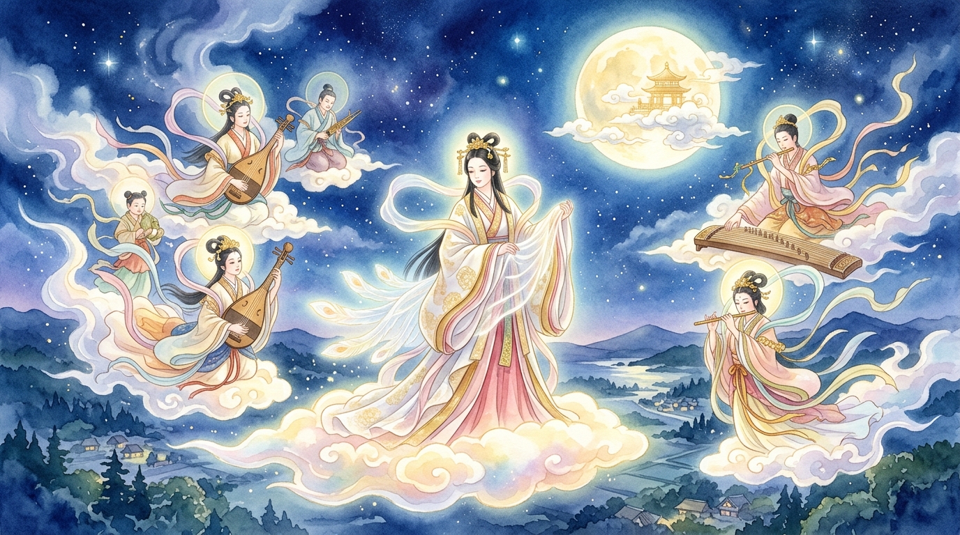 竹取物語「天の羽衣」満月の夜に天の羽衣を手にして昇天するかぐや姫と天人たちのアイキャッチイラスト