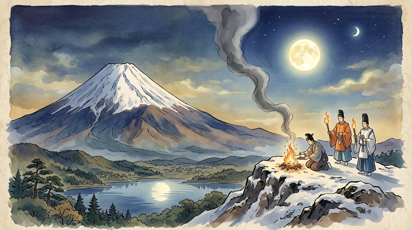 富士山の山頂で帝の命により不死の薬を焼き煙が立ち上る幻想的な風景イラスト