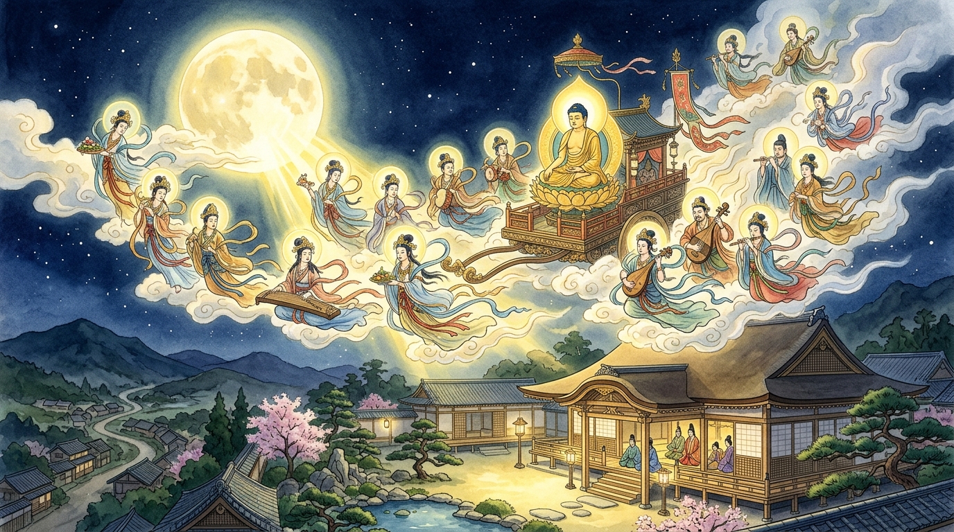 満月の夜に空飛ぶ車に乗って神々しい光とともに舞い降りる天人たちの来迎図イラスト