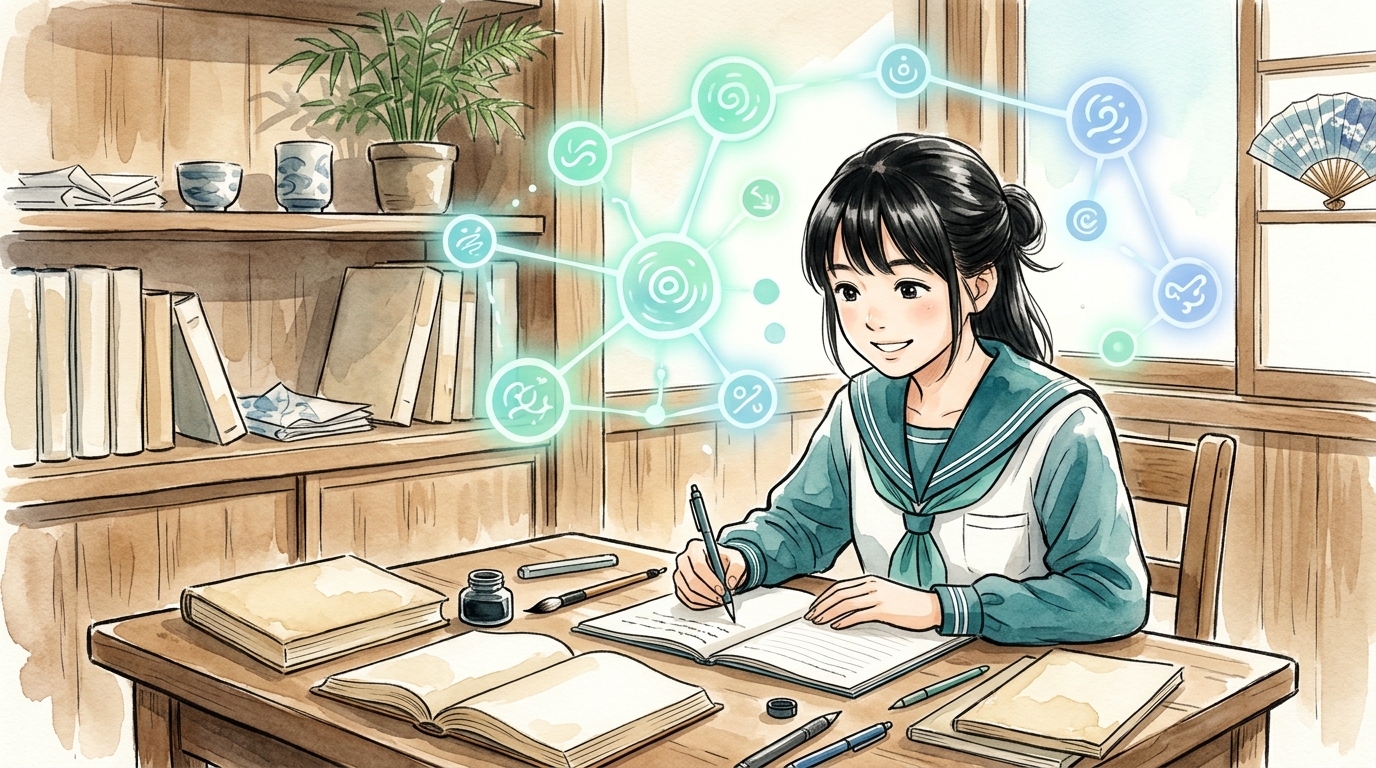 記憶科学FSRSを活用して古文単語を学ぶ高校生を描いたイラスト