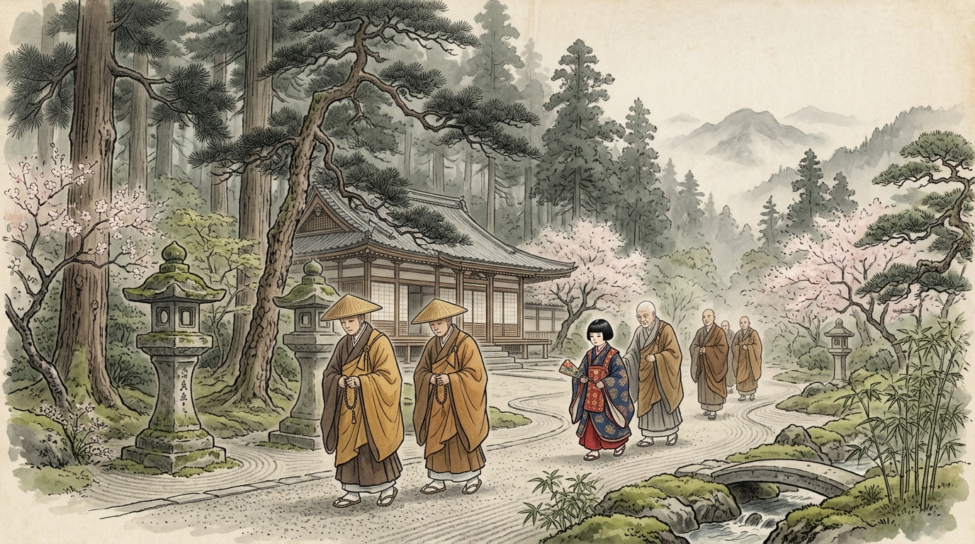 比叡山延暦寺の山寺と大切にされる稚児を描いたイラスト