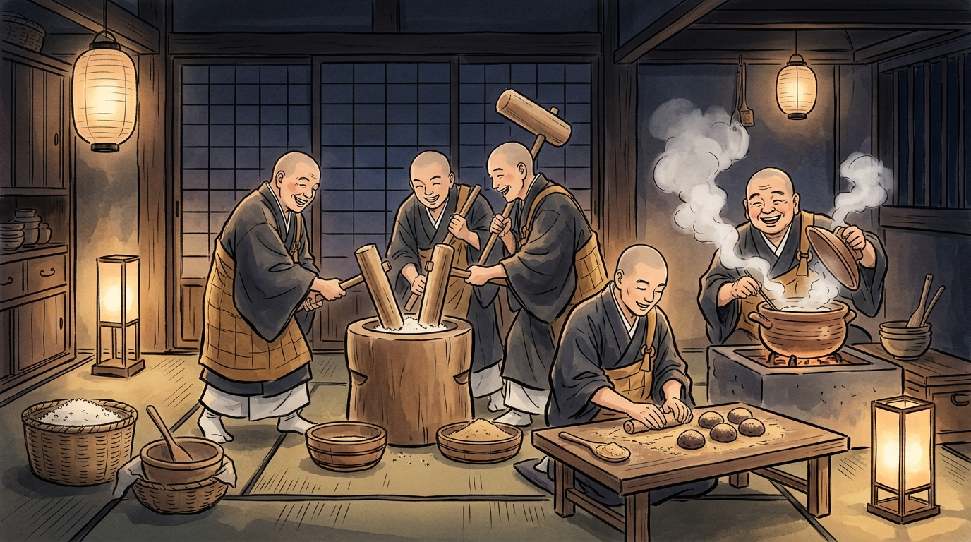 夜中に楽しそうにかいもちひを作る僧たちを描いたイラスト