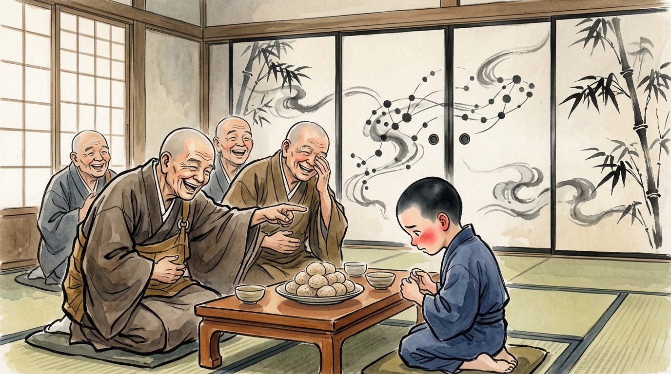 散々時間が経ったあとに返事をした児に大爆笑する僧たちを描いたイラスト