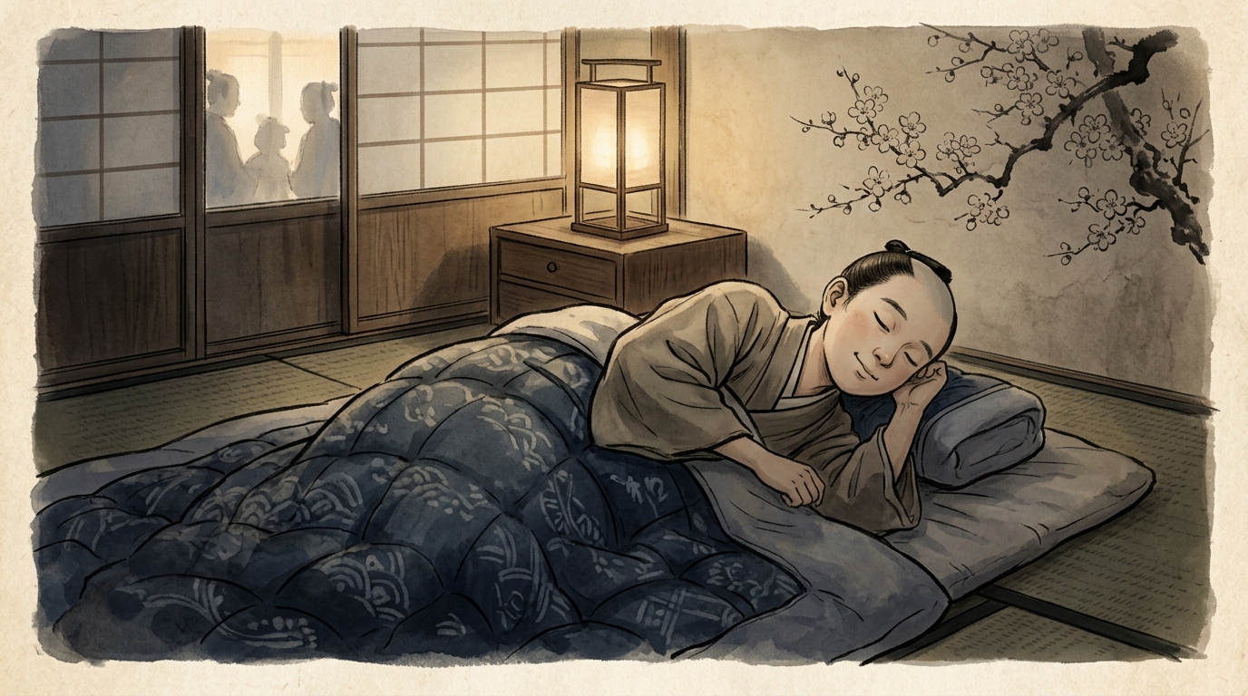 部屋の片隅で布団をかぶり寝たふりをする児を描いたイラスト