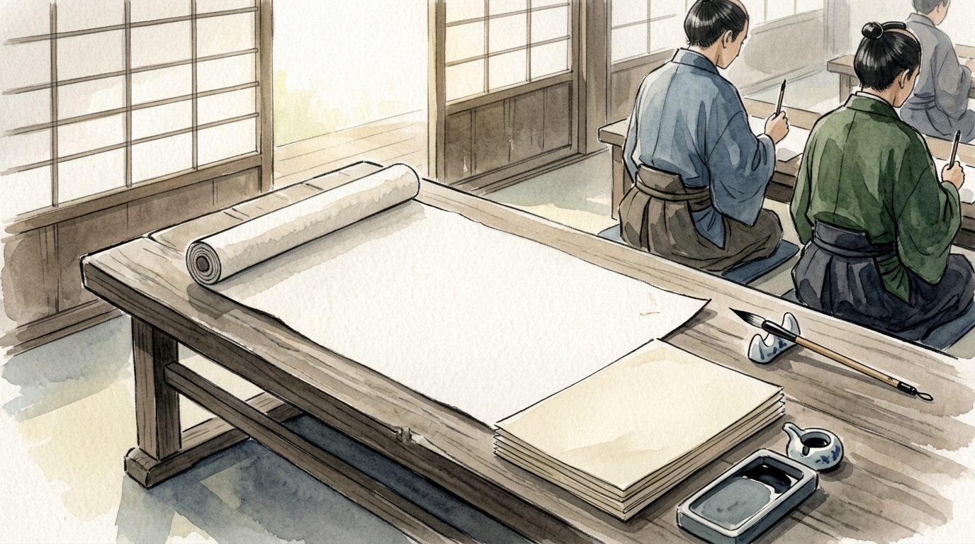 定期テストの記述問題演習用紙と筆を描いたイラスト