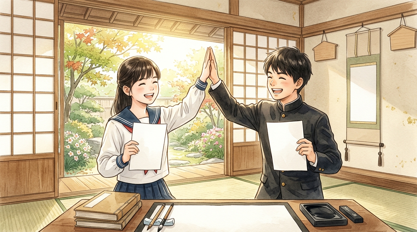 児のそら寝をマスターして定期テスト満点を喜ぶ生徒たちを描いたイラスト