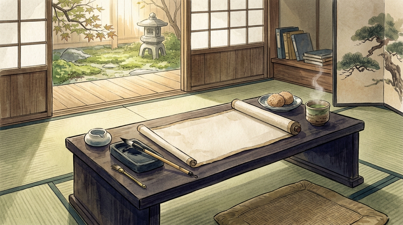 児のそら寝の重要古文単語と和紙・巻物を描いたイラスト