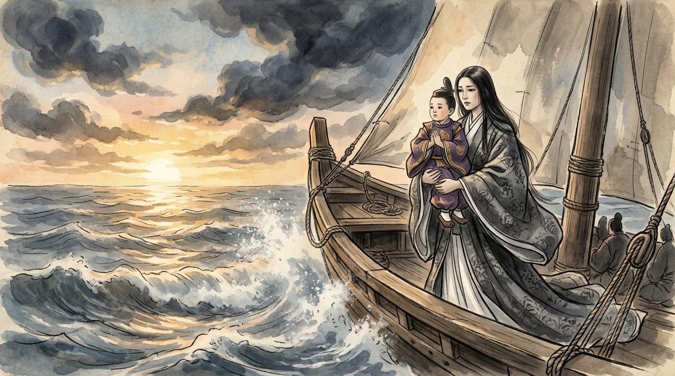 船端で西を向いて祈りを捧げる安徳天皇と二位の尼を描いたイラスト