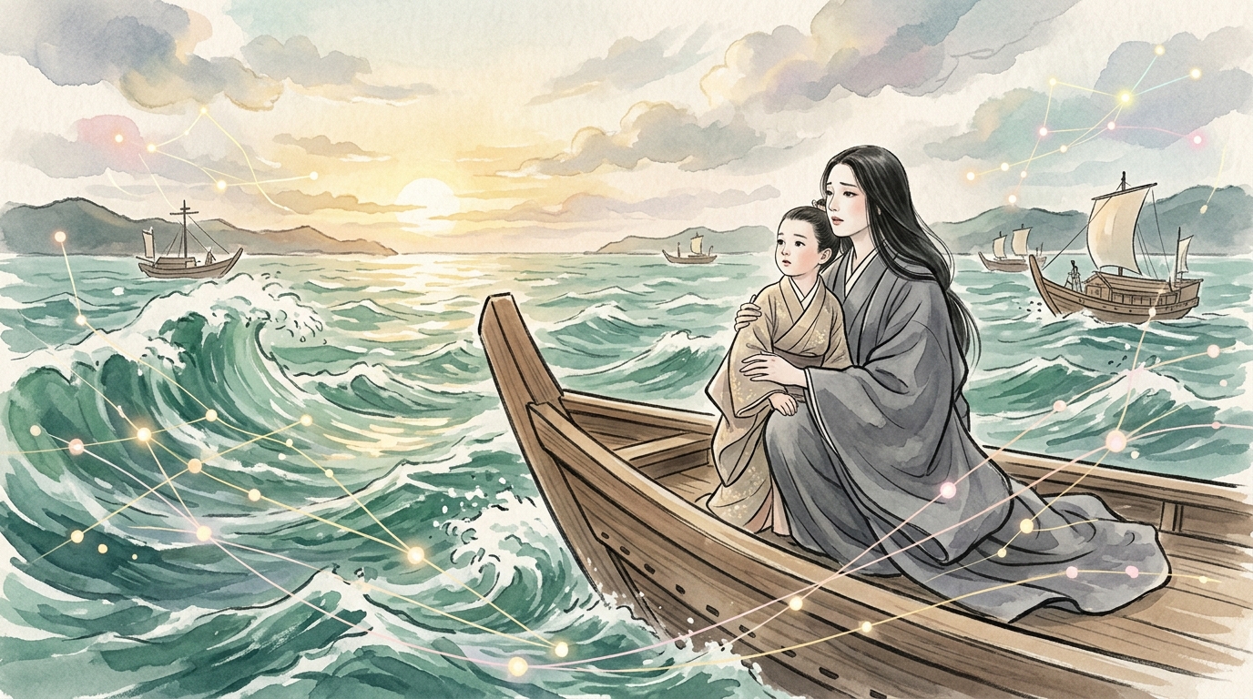 平家物語壇ノ浦における二位の尼と幼い安徳天皇の最期を描いたアイキャッチイラスト