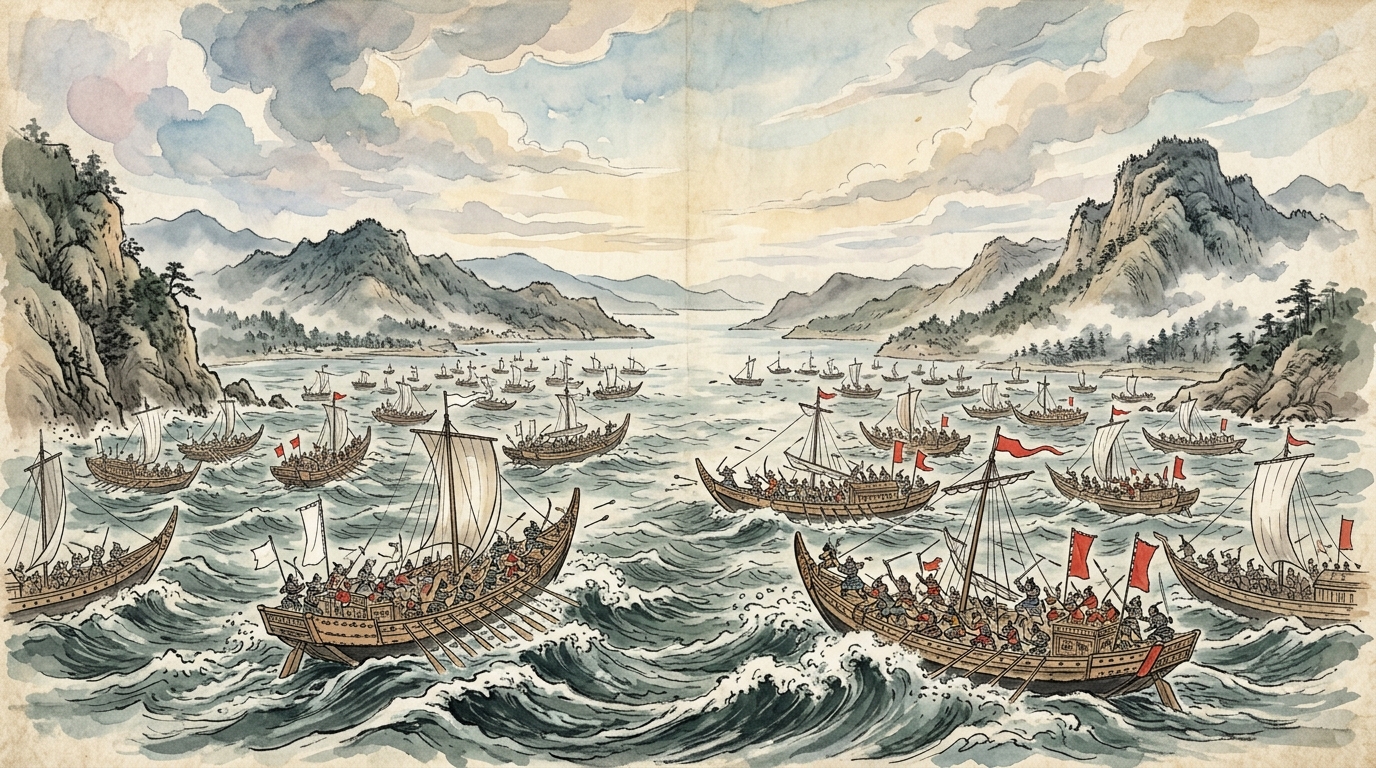 壇ノ浦の戦いにおける源氏軍と平家軍の海上合戦パノラマを描いたイラスト