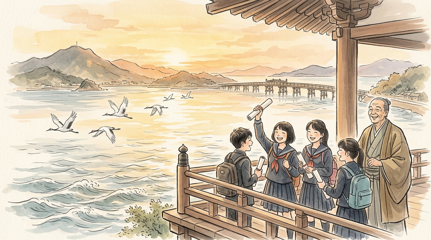 平家物語壇ノ浦の完全攻略と満点達成を祝う生徒たちのイラスト