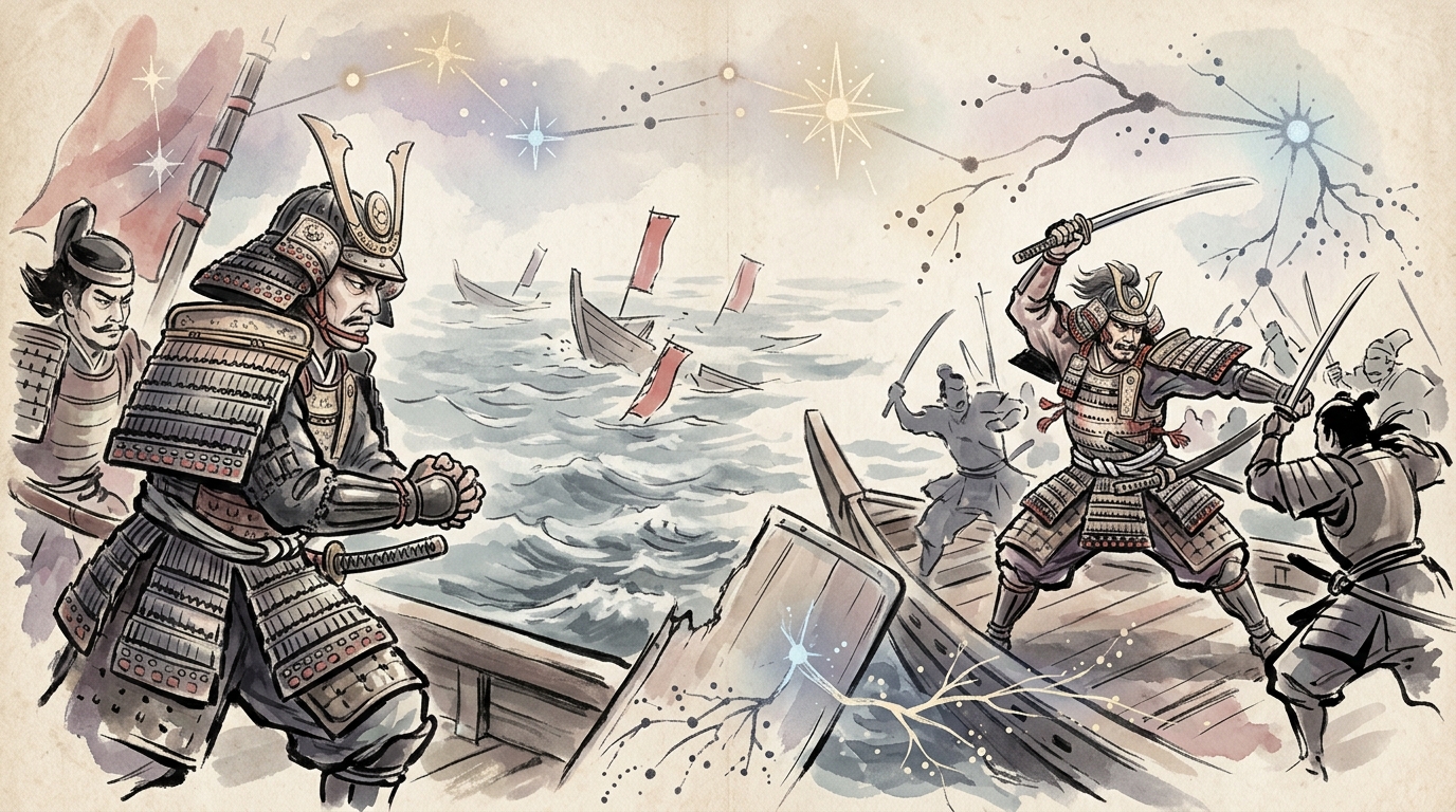 平知盛の覚悟と能登守教経の奮戦を描いた武者絵巻イラスト