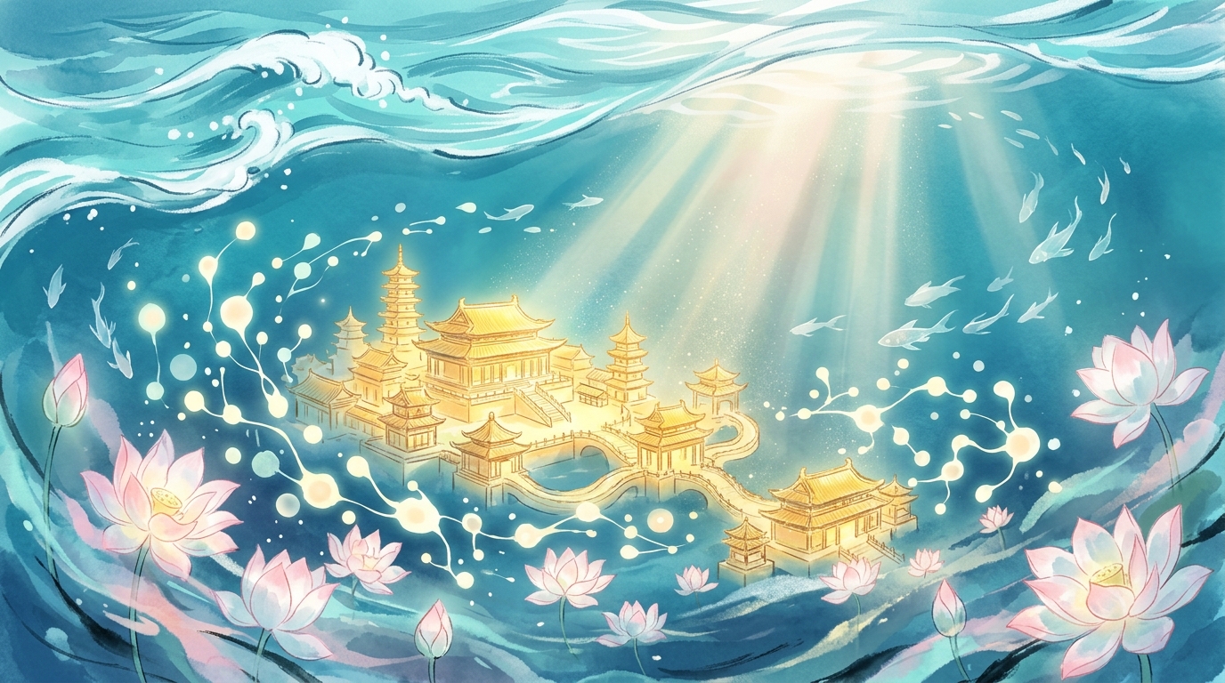 波の下にも都の候ふぞに象徴される海底の極楽浄土宮殿を描いたイラスト