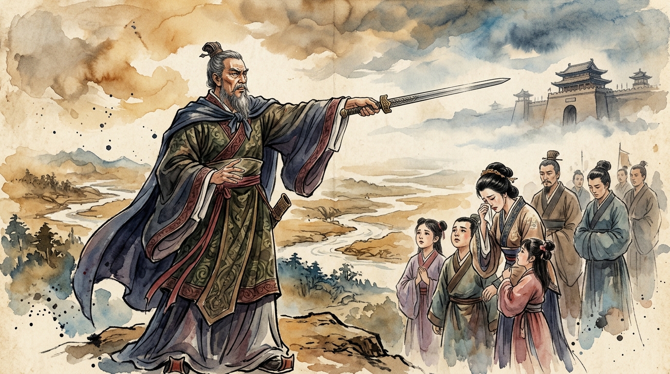 属鏤の剣を手に東門に目を懸けよと言い残す忠臣・伍子胥の壮絶な遺言のイラスト
