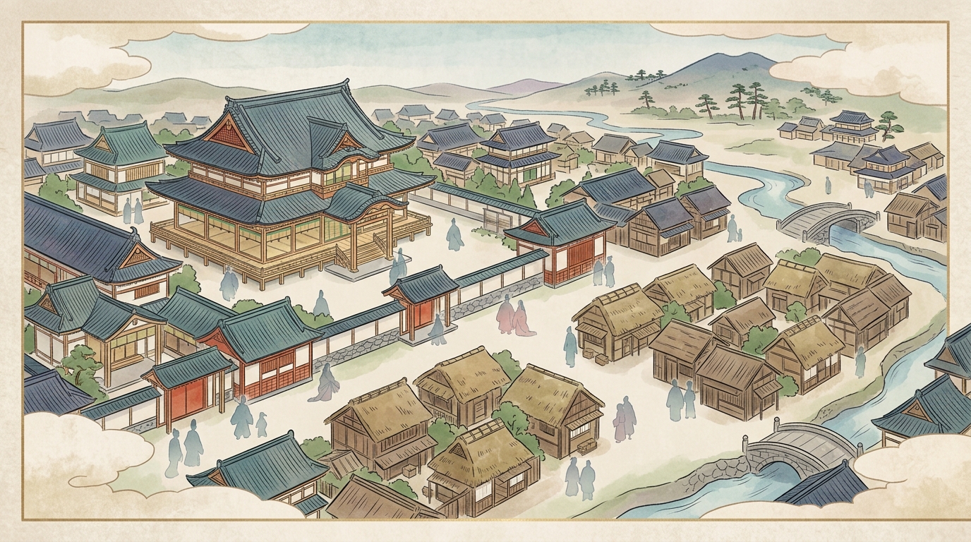 棟を並べ甍を争う都の屋敷と世代交代のイラスト