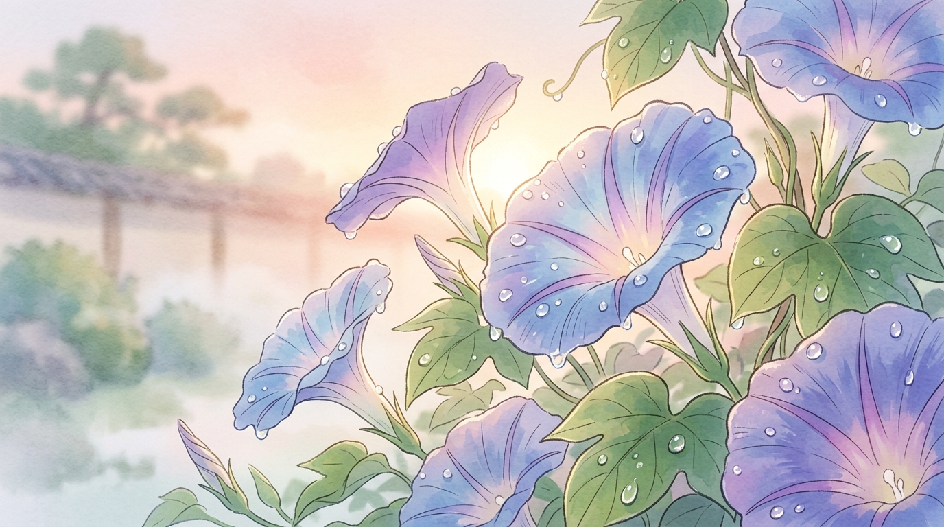 朝顔の花の上に置く儚い露の光のイラスト