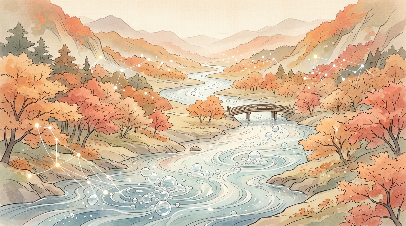 ゆく河の流れと水面に浮かぶうたかたのイラスト