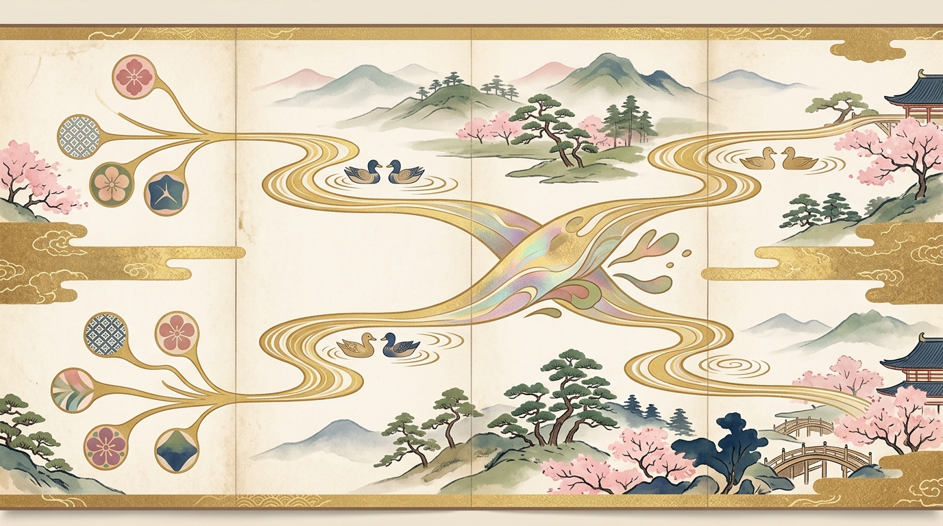 対句と比喩構造を分析する屏風絵風イラスト