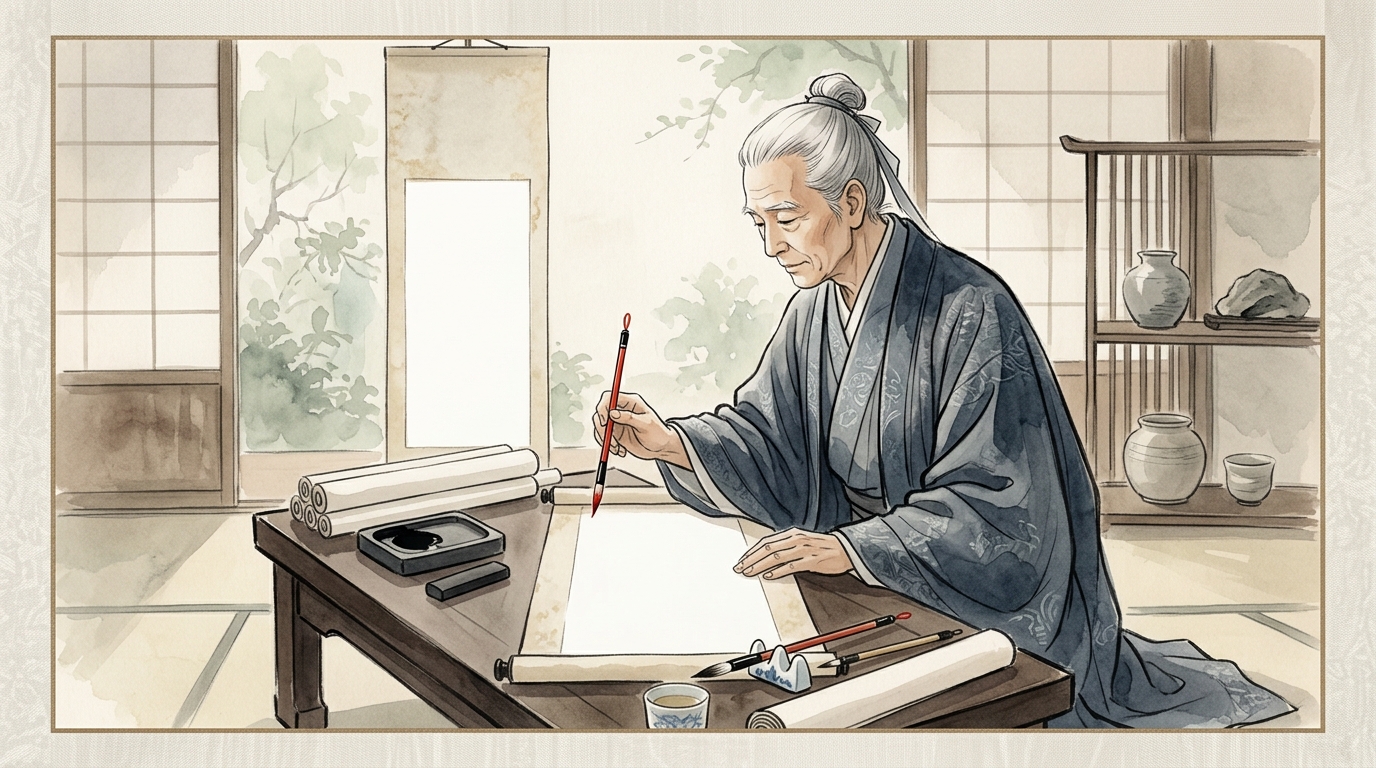 古代の書斎で縦書きの漢文書物に朱筆で返り点を書き込む学者を描いたイラスト