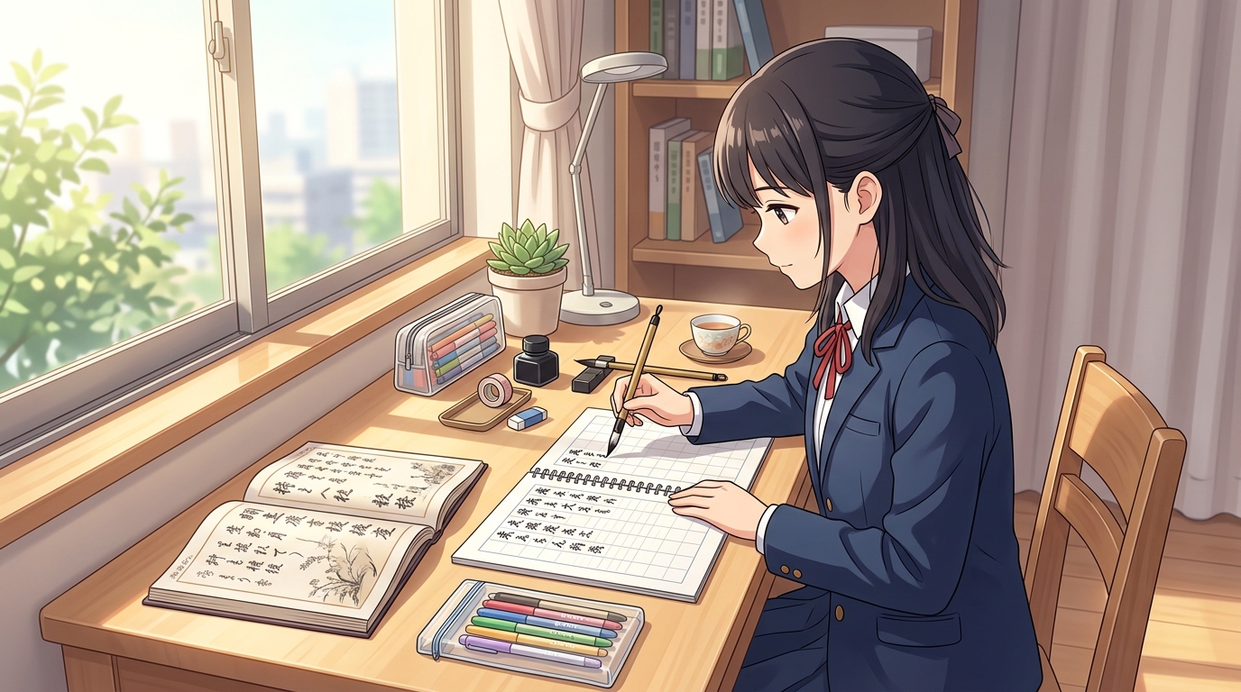 返り点と送り仮名に従って正確な書き下し文をノートに組み立てる高校生のイラスト
