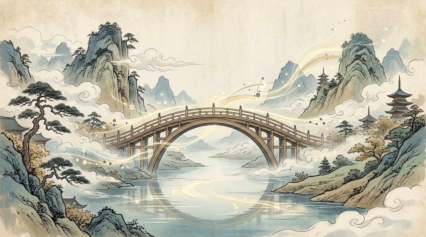 中国語と日本語の語順の違いと返り点の架け橋を表したイラスト
