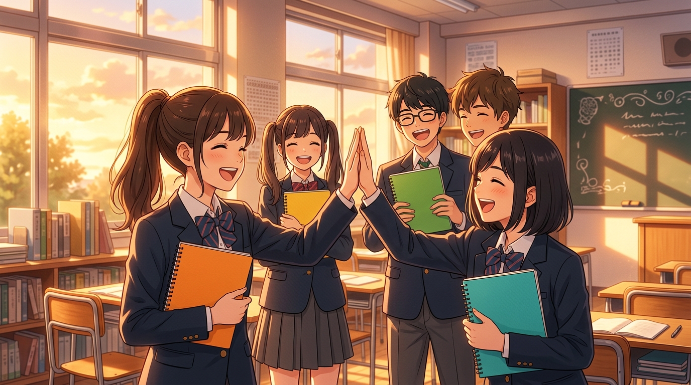 漢文の返り点をマスターして喜び合う高校生たちのイラスト