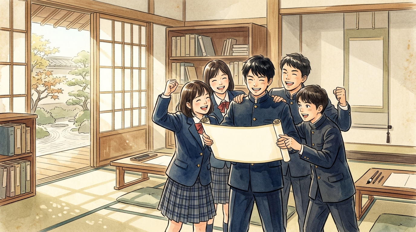 漢文の返り点をマスターして喜ぶ高校生たちを描いたイラスト