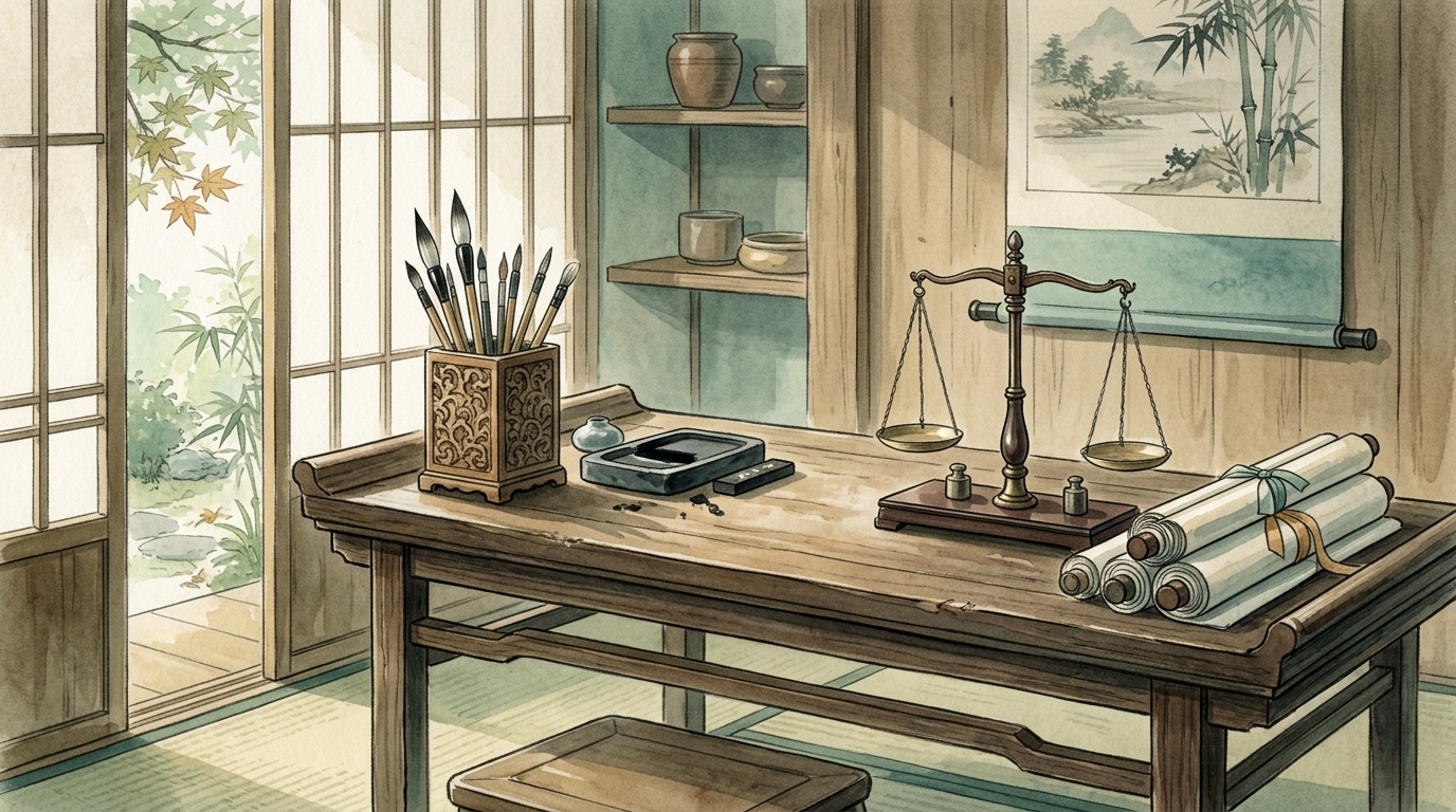 漢文の基本否定文字と天秤・竹簡を描いた水彩画イラスト