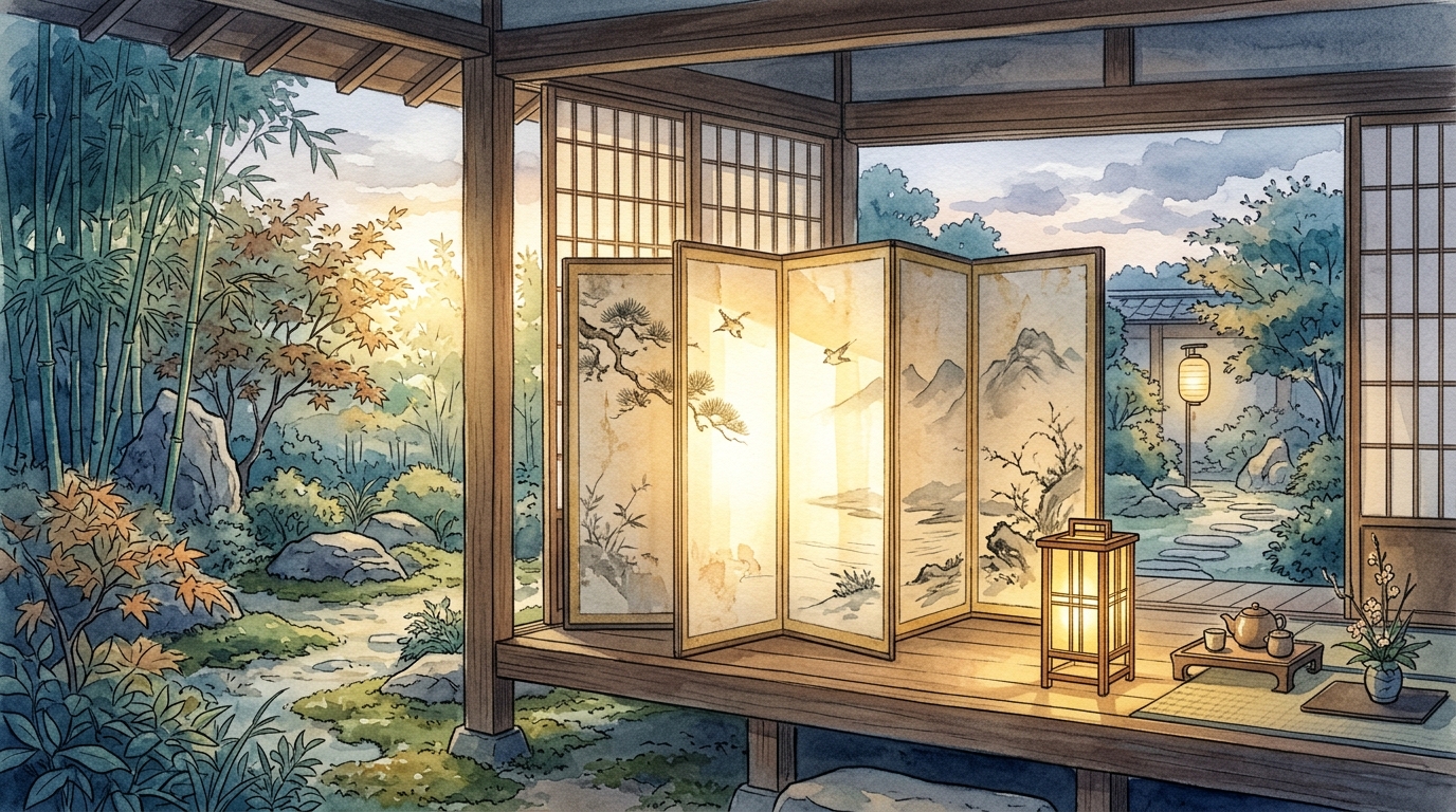 二重否定が重なり合って強い肯定の光を生み出す屏風と書斎の水彩画イラスト