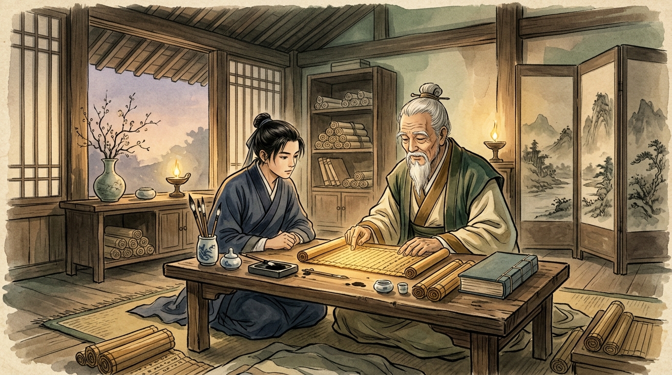古代中国の書斎で漢文の否定形や訓読文法を探求する学者と弟子のアイキャッチイラスト